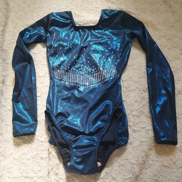 Alegra Other - Gymnastic Ice Skating Dance Metallic Blue Leotard Bodysuit Rhinestone Detail